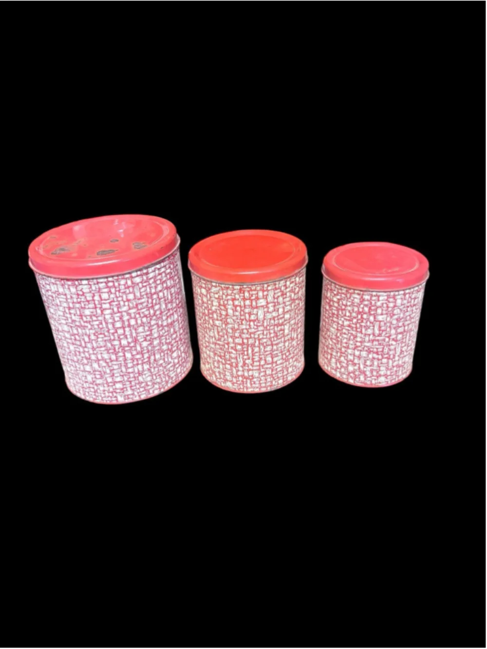 Vintage Parade Red & White Metal Canister Set | 3 Piece Mid Century Kitchen Deco